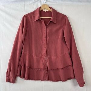 Cloth & Stone Blouse Size M Red Button Up Long Sleeve Peplum Frayed Faded Style